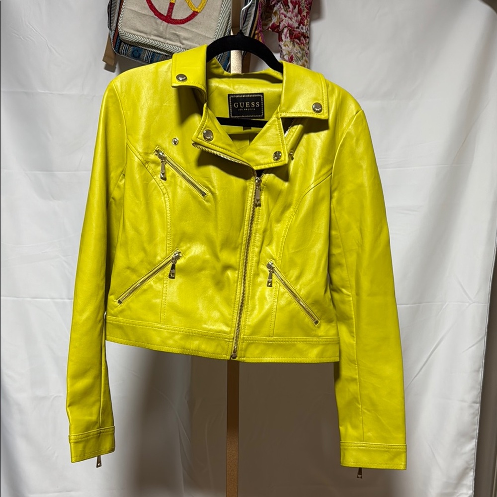 Guess Electric Yellow/Green Faux-Leather Jacket Sleek Design